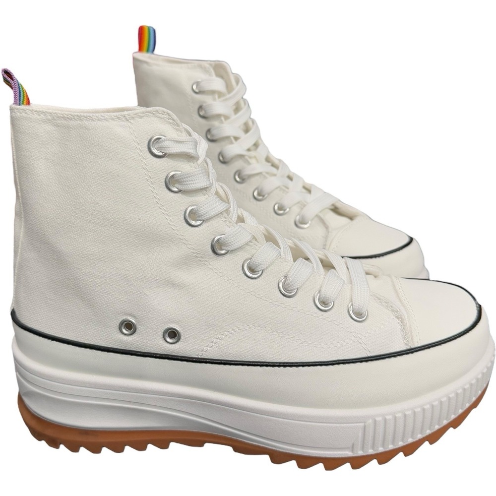 Madden Girl White Canvas High-Top Platform Sneakers with Rainbow Pull Tab